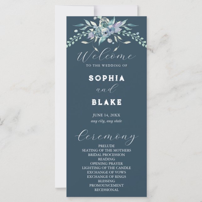 Elegant Blue & Green Floral Gray Wedding Program (Front)
