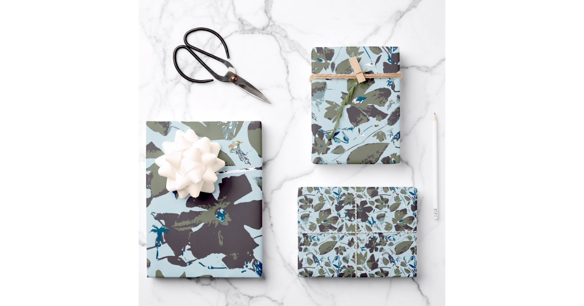 Navy Pastel Blue Watercolor Floral Pattern Wrapping Paper Sheets, Zazzle