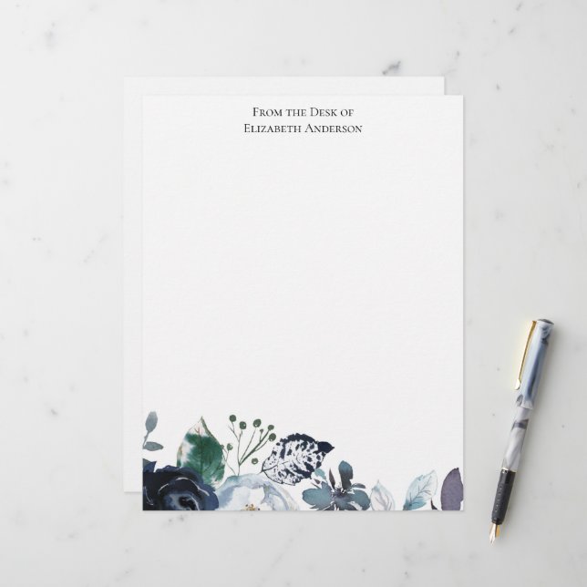 Elegant Blue Green Floral Personalized Letterhead (Front/Back In Situ)