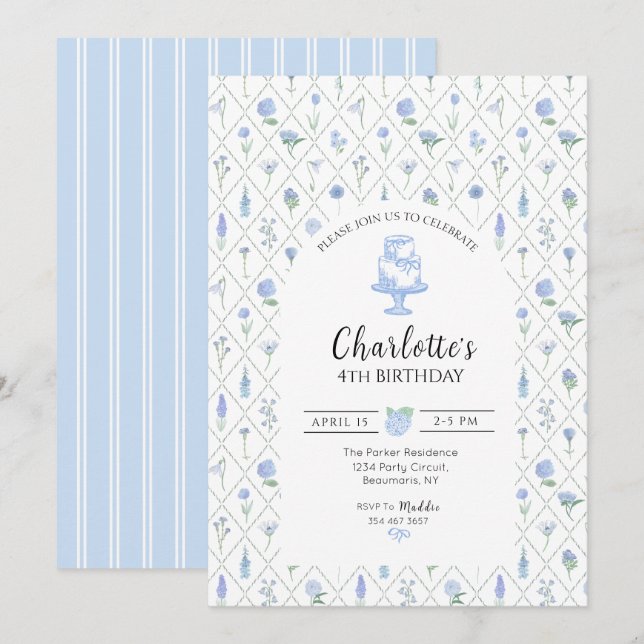 Elegant Blue & Green Floral Trellis Invitation (Front/Back)