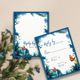 Elegant Blue Green Foliage Butterfly Wedding Reply RSVP Card