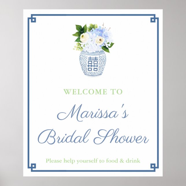 Elegant Blue Green Ginger Jar Shower Party Poster (Front)