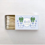 Elegant Blue Green Ginger Jar Wedding Crest Matchboxes<br><div class="desc">This elegant design features a classic couples crest monogram with a ginger jar vase on each side. Inside the crest is the first initial of each party and also the date of the event. The ginger jars with green bow were handpainted by me in watercolors onto 100% cotton paper and...</div>