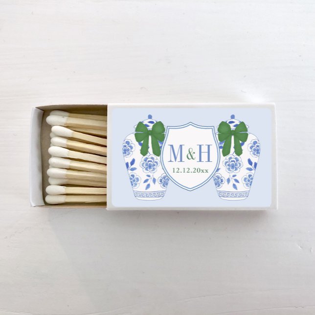 Elegant Blue Green Ginger Jar Wedding Crest Matchboxes (Hand painted blue and white ginger jar with holidays green bow monogram crest wedding matches)