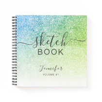 Elegant Blue Green Glitter Sketchbook Name Script Notebook Elegant Blue Green Glitter Sketchbook Name Script Notebook