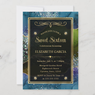 Elegant Blue Green Gold Agate Sweet Sixteen Invitation