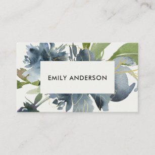ELEGANT BLUE GREEN GOLD FLORAL WATERCOLOR BUSINESS CARD