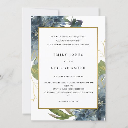 ELEGANT BLUE GREEN GOLD FLORAL WEDDING INVITE