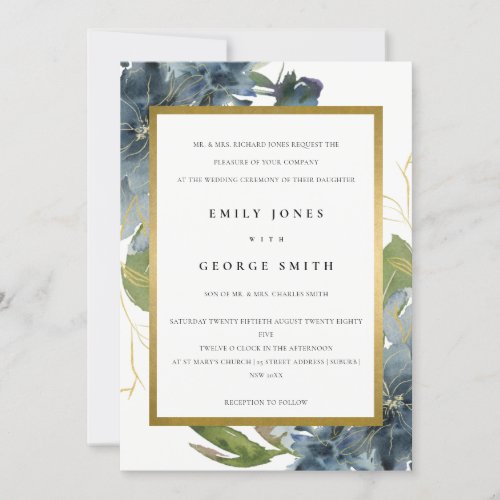 ELEGANT BLUE GREEN GOLD FLORAL WEDDING INVITE