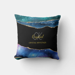 Elegant Blue Green Gold Marbled Glitter Monogram Throw Pillow