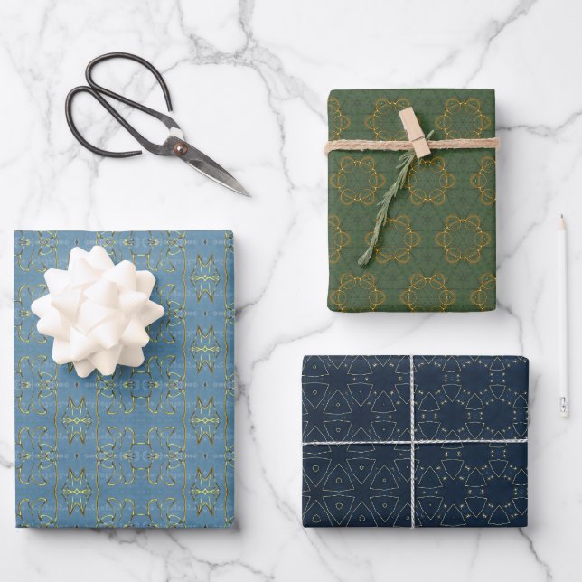  Elegant Blue Green Gold Merry Christmas Wrapping  Paper Sheets (Front)