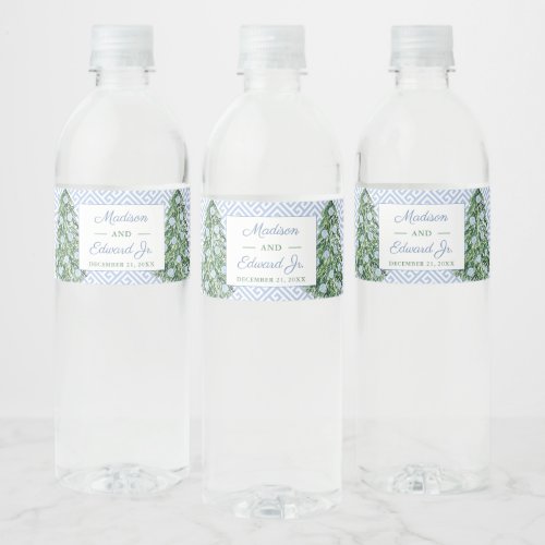 Elegant Blue Green Holidays Tree Wedding Shower Water Bottle Label