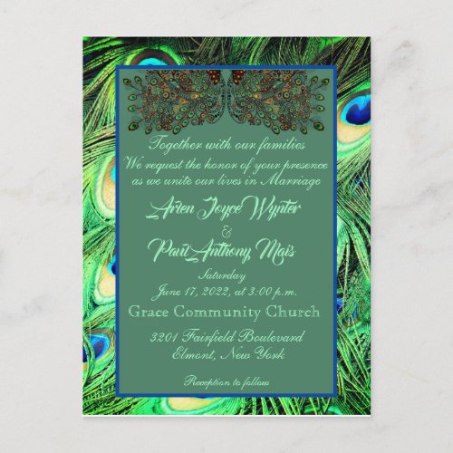 Elegant Blue Green Peacock feathers Invitation