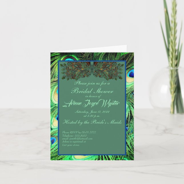 Elegant Blue Green Peacock feathers Invitation (Front)