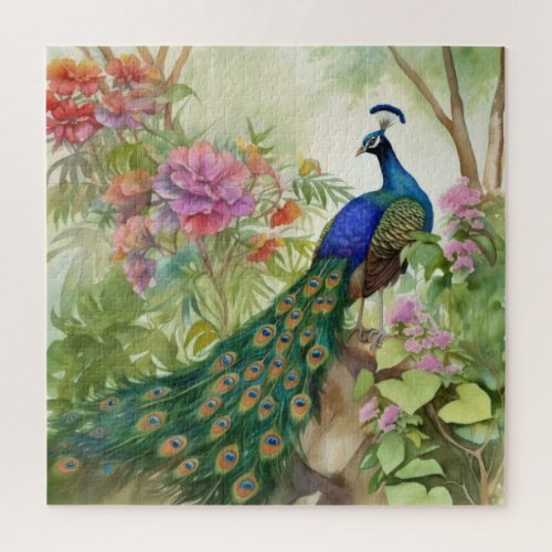 Elegant Blue Green Peacock Pink Flowers Forest Jigsaw Puzzle