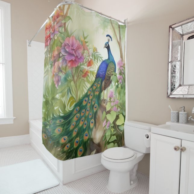 Elegant Blue Green Peacock Pink Flowers Forest Shower Curtain (In Situ)