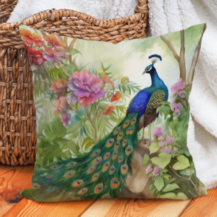 Elegant Blue Green Peacock Pink Flowers Forest Throw Pillow