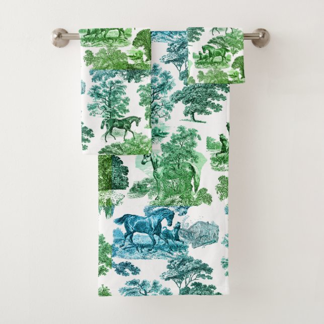 Elegant Blue Green Rustic Horses Toile  Bath Towel Set (Insitu)
