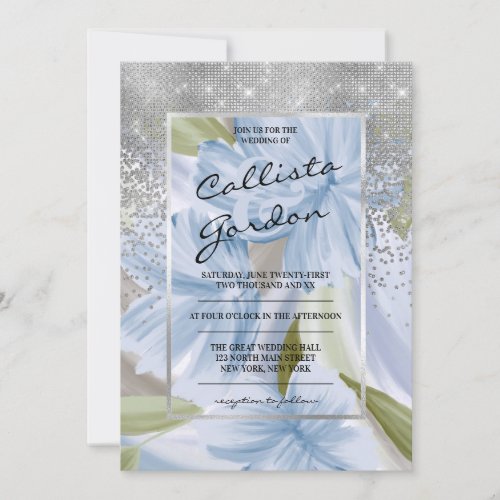 Elegant Blue Green Silver Floral Glitter Wedding Invitation