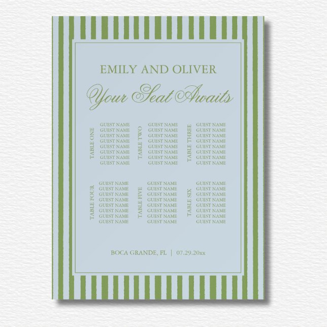 Elegant Blue Green Stripes Wedding Seating Chart Foam Board (Creator Uploaded)
