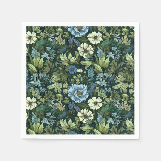 Elegant Blue & Green Victorian Wildflowers Pattern Napkins (Front)