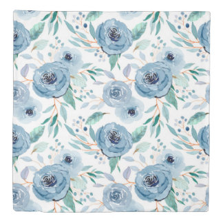 Elegant Blue Green Watercolor Floral Duvet Cover