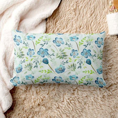 Elegant Blue Green Watercolor Floral Pattern Lumbar Pillow