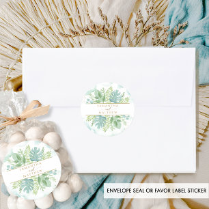 Elegant Blue Green Watercolor, Greenery Wedding Classic Round Sticker