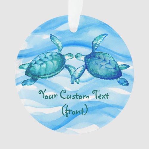 Elegant Blue Green Watercolor Kissing Sea Turtle Ornament