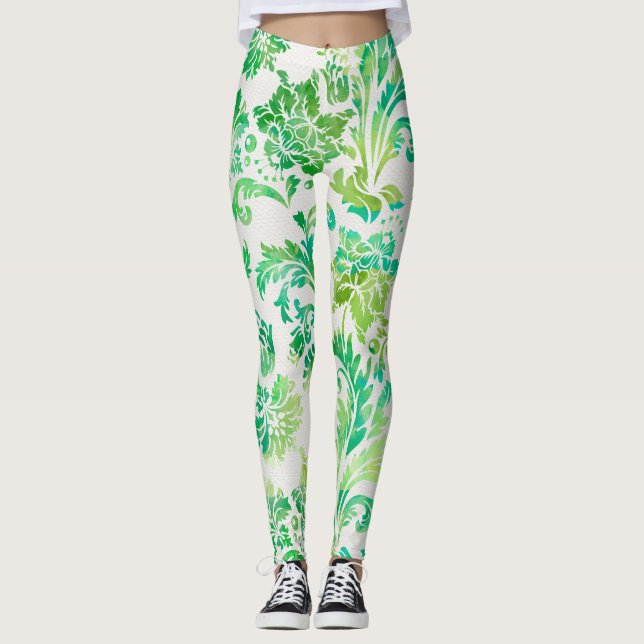 Elegant Blue, Green & Yellow Damask Pattern Leggings (Front)