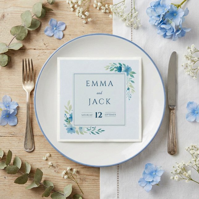 Elegant blue greenery names and date wedding napkins (Elegant blue greenery names and date wedding napkins.)
