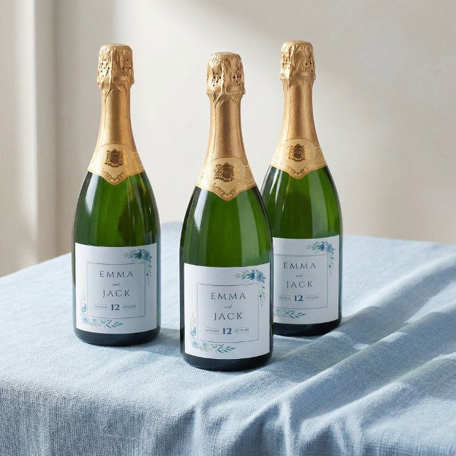 Elegant blue greenery names and date wedding sparkling wine label (Elegant blue greenery names and date wedding sparkling wine label.)