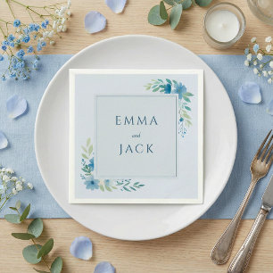 Elegant blue greenery names wedding napkins