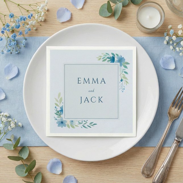 Elegant blue greenery names wedding napkins (Elegant blue greenery names wedding napkins.)