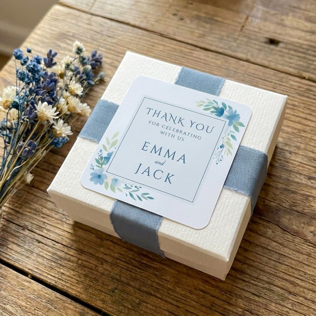 Elegant blue greenery names wedding square sticker (Elegant blue greenery names wedding square sticker.)