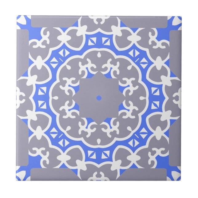 Elegant Blue Grey and White Classy Damask Pattern  Ceramic Tile (Front)