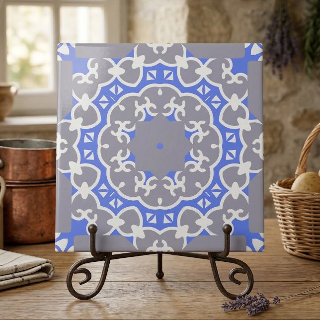 Elegant Blue Grey and White Damask Pattern  Ceramic Tile (Creator Uploaded)