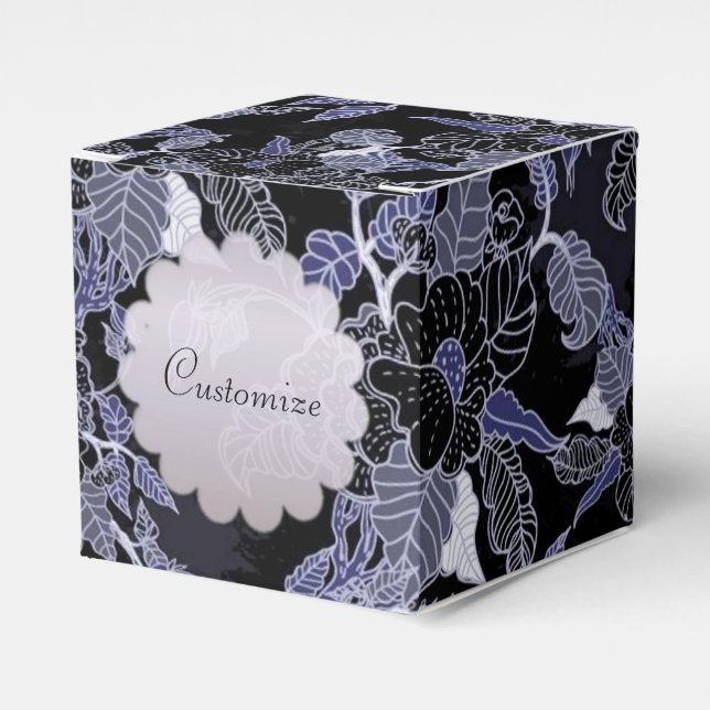 Elegant Blue & Grey Dark Floral Cube Favor Box (Front Side)