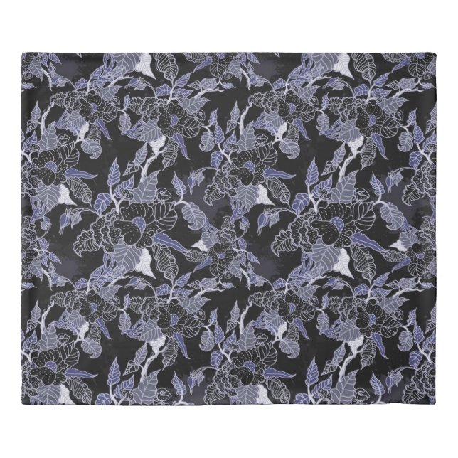 Elegant Blue & Grey Dark Floral Duvet Cover (Front)