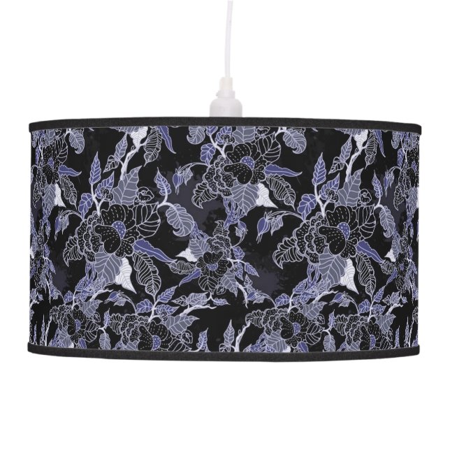 Elegant Blue & Grey Dark Floral Hanging Lamp (Front)