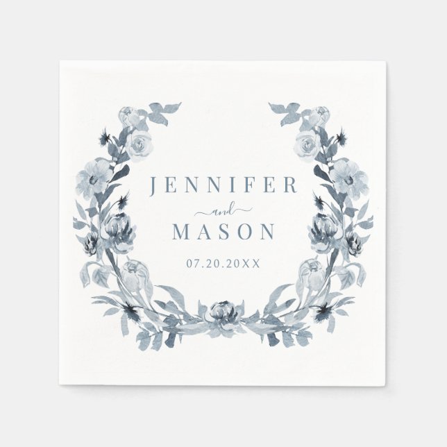 Elegant Blue Grey Floral Wreath Wedding Paper  Napkins (Front)