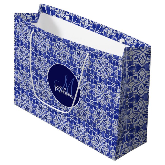 Elegant Blue Grey Geometric Initial Monogram Large Gift Bag (Front Angled)