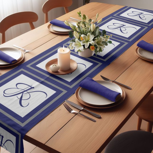 Elegant Blue Grey Geometric Square Monogram Short Table Runner (Creator Uploaded)