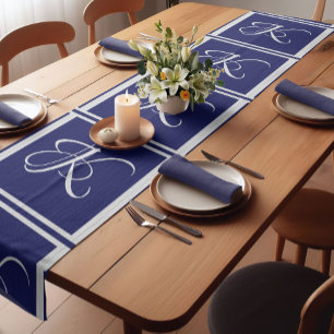 Elegant blue grey initial monogram short table runner