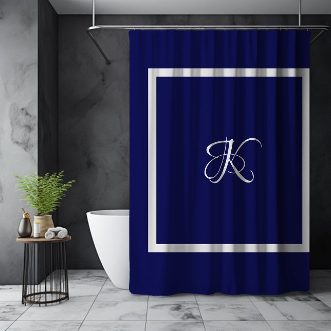 Elegant blue grey initial monogram shower curtain (Creator Uploaded)