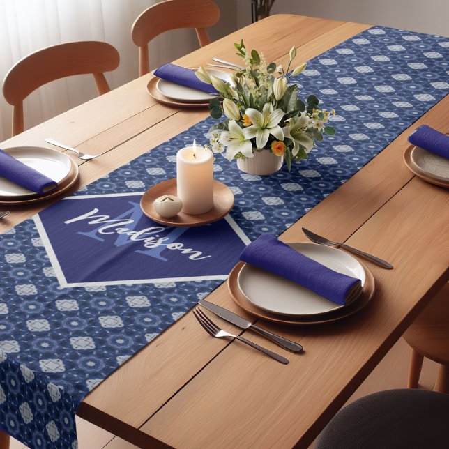 Elegant blue grey initial monogrammed  short table runner (Creator Uploaded)