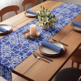 Elegant Blue Grey Modern Geometric Monogram Short Table Runner