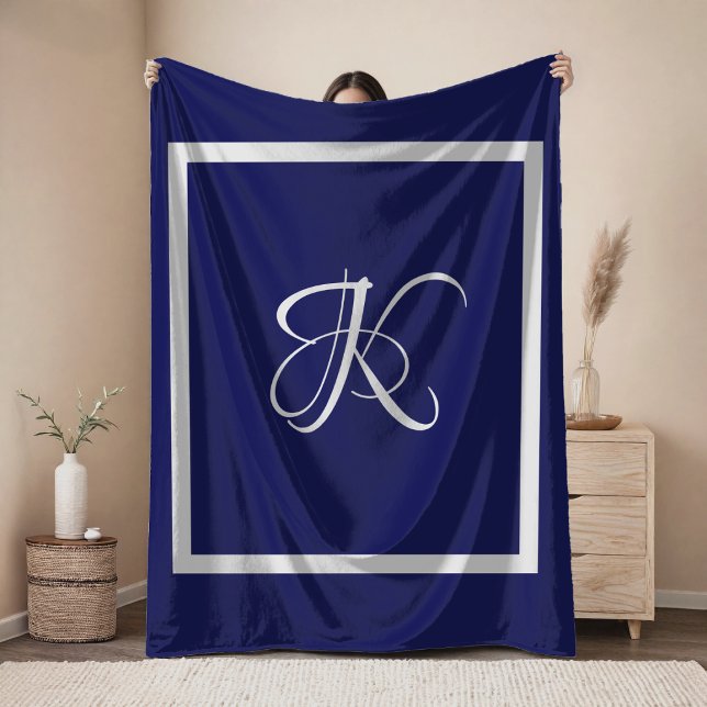 Elegant Blue Grey Monogram Initial Fleece Blanket (Creator Uploaded)