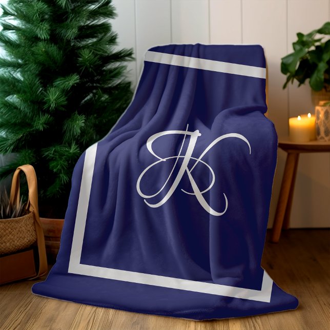 Elegant Blue Grey Monogram Initial Fleece Blanket (Creator Uploaded)