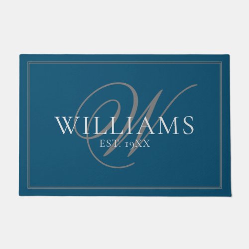 Elegant Blue Grey Monogram Name Newlywed Wedding Doormat